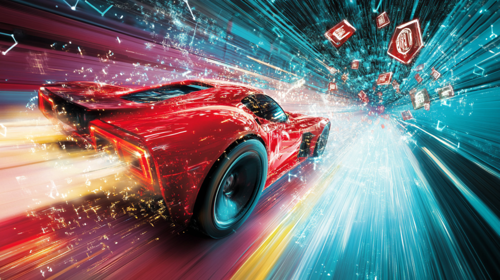 Red sports car speeding through blue digital tunnel