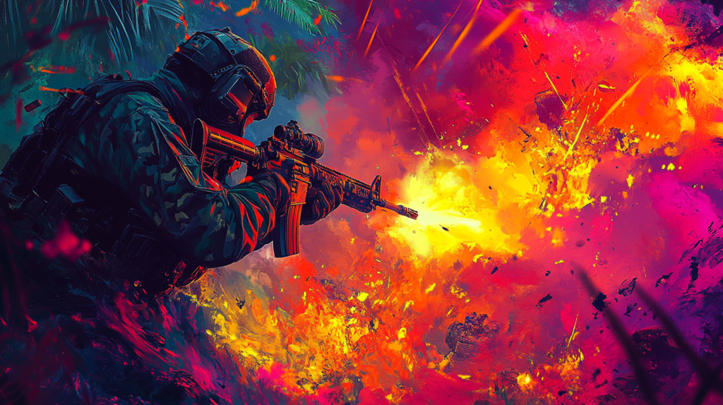 Soldier firing rifle beside orange explosion in jungle