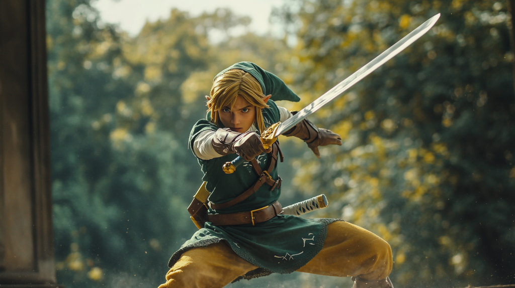 Link from The Legend of Zelda wielding sword outdoors