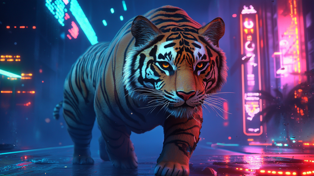Tiger walking through neon-lit city street at night