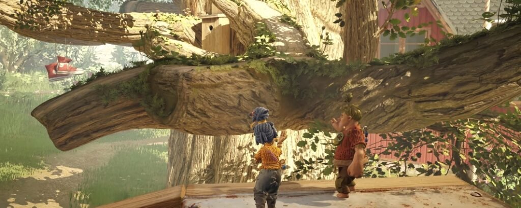 May and Cody stand under tree branch in It Takes Two