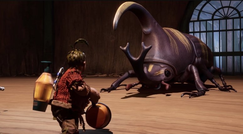 Boy faces giant beetle inside wooden room