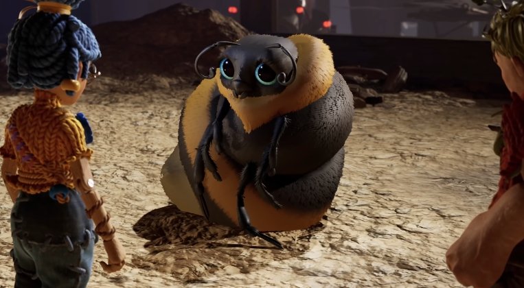 Bumblebee sits on ground between two dolls