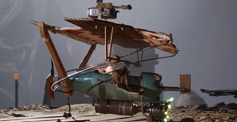Green gyrocopter parked on rocky desert platform