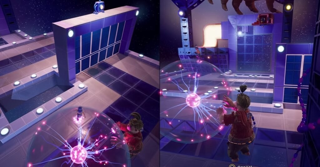 It Takes Two characters using pink energy orb in space