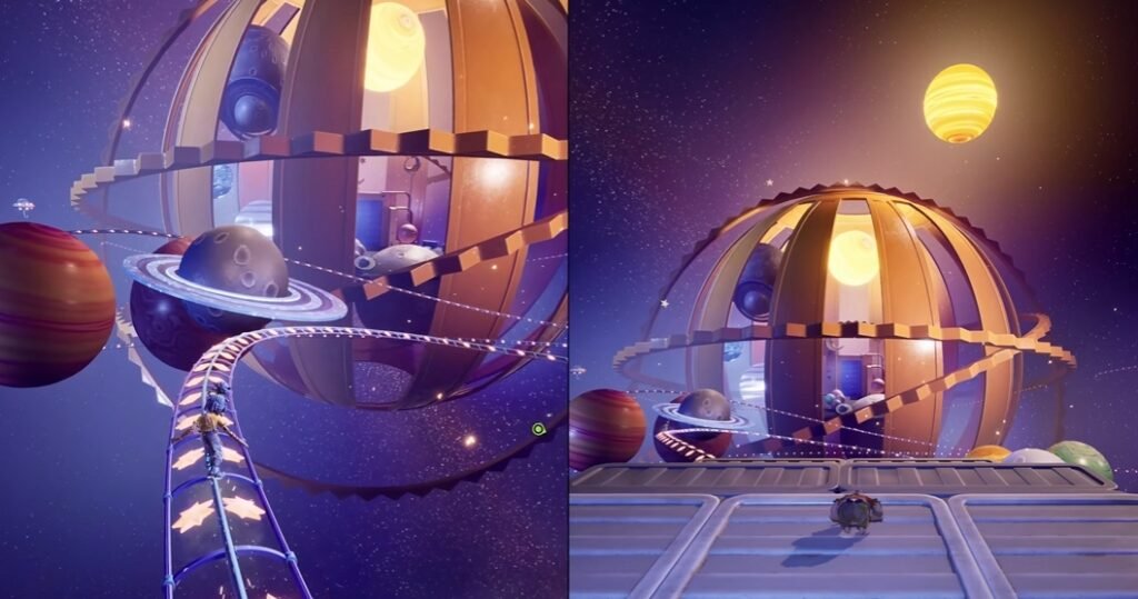 Ratchet and Clank running toward spherical space structure