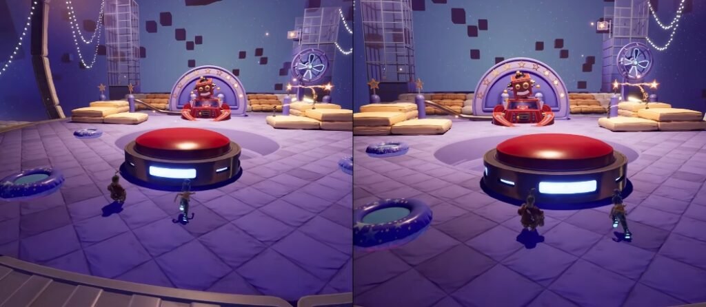 Two players approach red button in sci-fi room