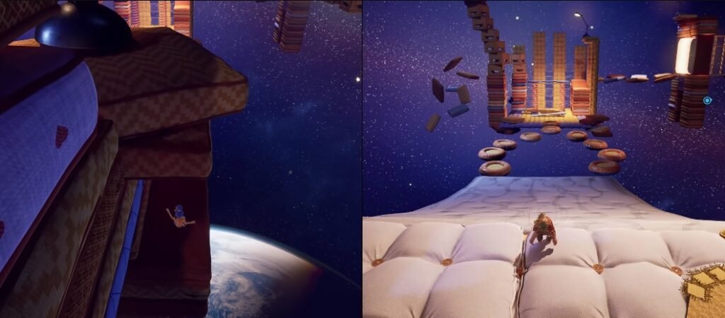 It Takes Two characters jumping on floating platforms in space