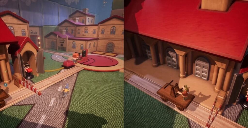 It Takes Two characters ride cart on toy train track