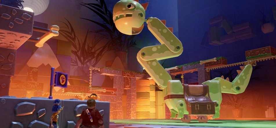 Green dinosaur toy towering over players in game level