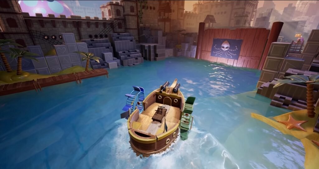 Boat sailing on blue water near pirate dock