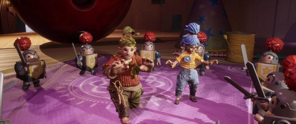 Cody and May from It Takes Two fight toy knights