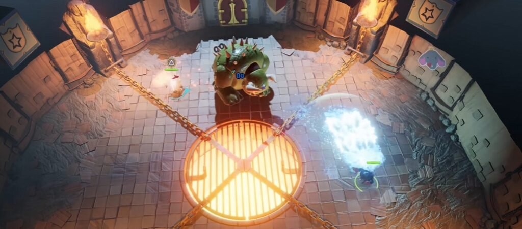 Green monster attacks heroes in chained dungeon arena