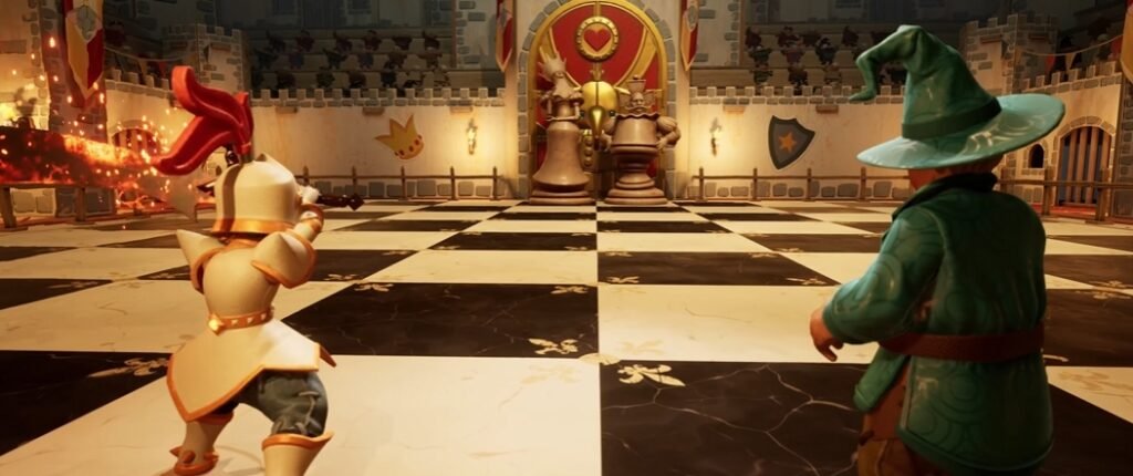 Knight and wizard facing chess pieces in castle hall