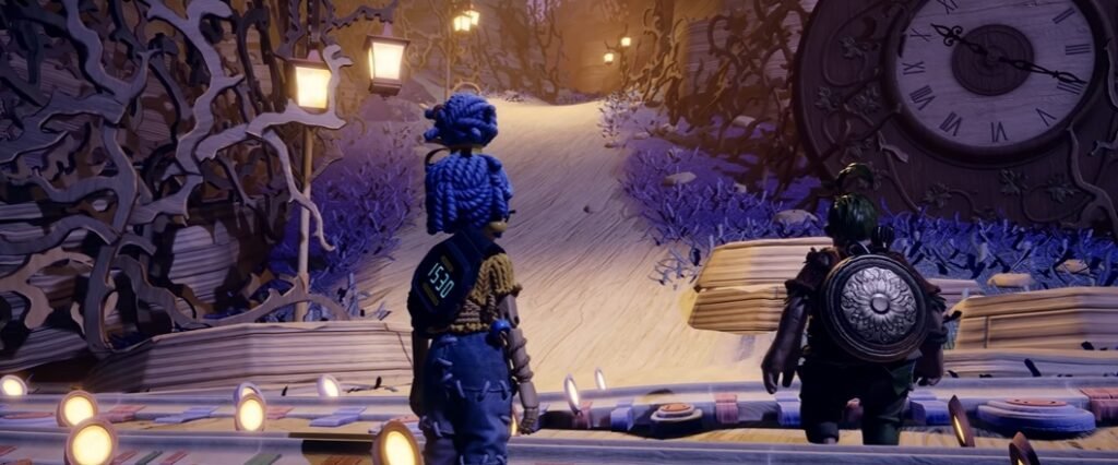 It Takes Two characters walking on snowy clockwork path