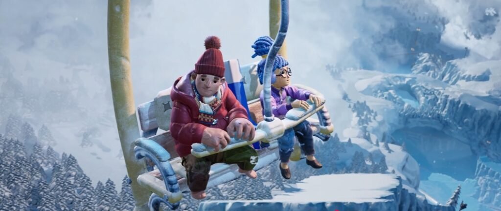 May and Cody ride ski lift over snowy mountains