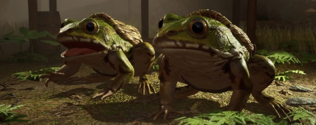 Two green frogs sitting on forest floor