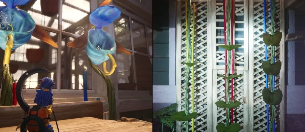 May from It Takes Two watering blue flowers indoors