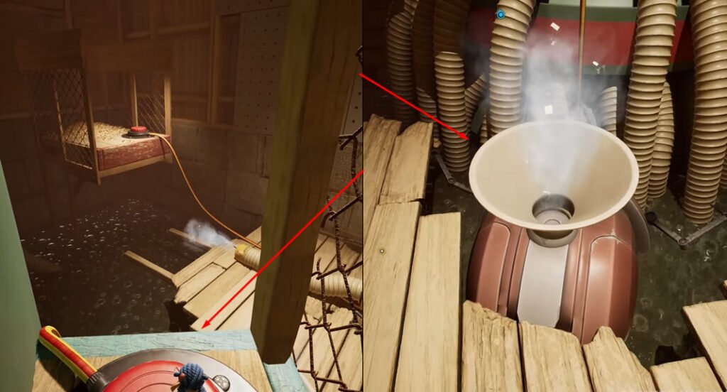 Vacuum funnel sucking smoke beside wooden planks indoors