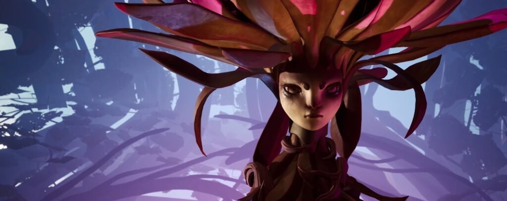 Horned female figure staring in purple forest