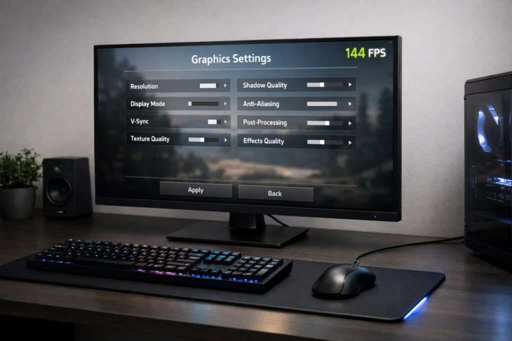 Gaming monitor showing graphics settings menu on desk