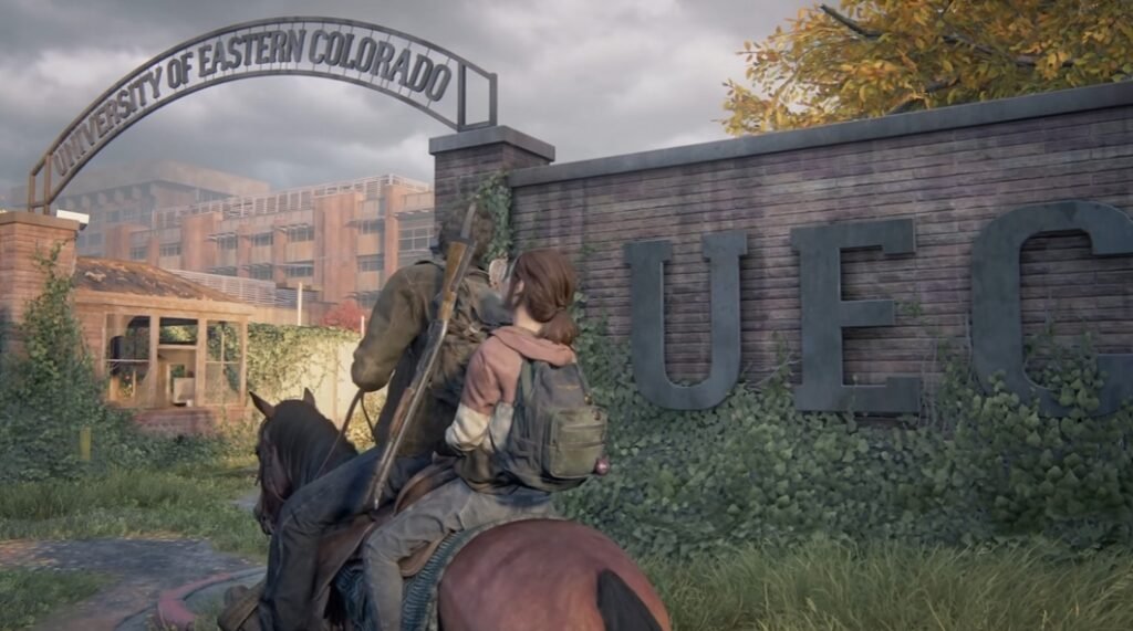 Ellie and Joel ride horse at university entrance, The Last of Us