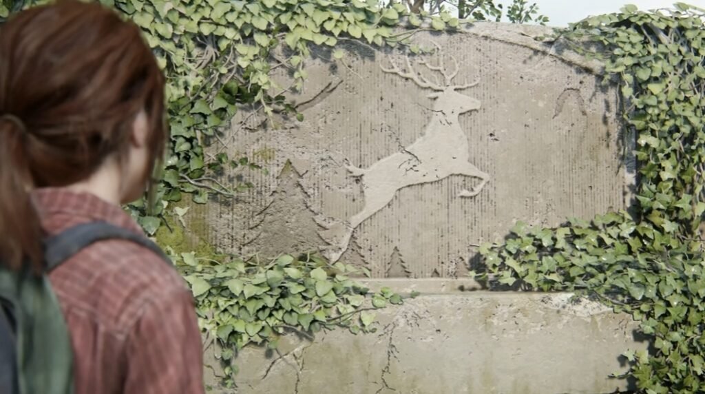 Ellie from The Last of Us looks at deer mural