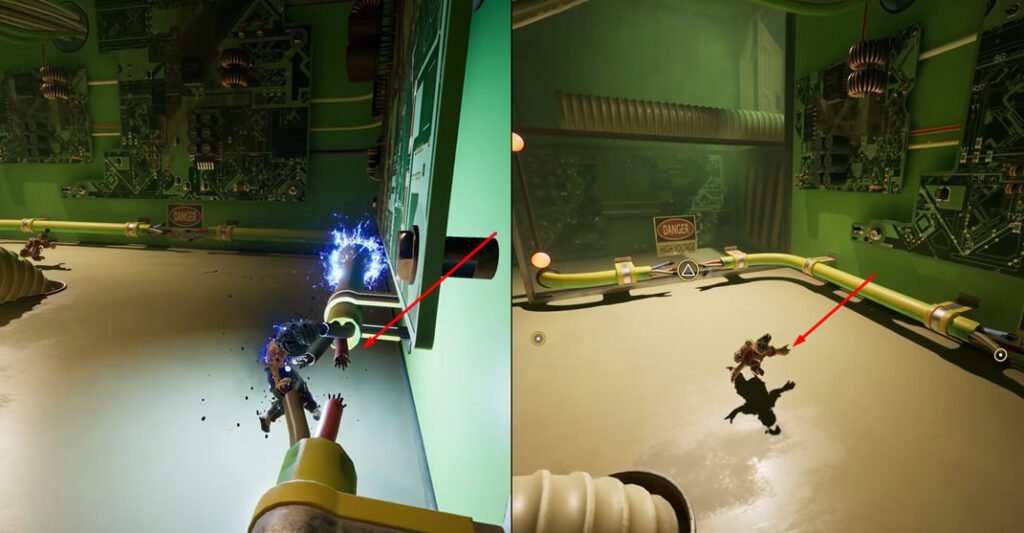 It Takes Two characters running inside green machinery room