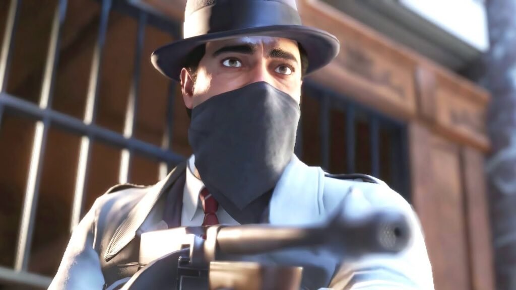 Masked man aiming gun outside building entrance