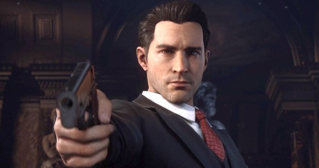 Vito Scaletta from Mafia II aiming pistol indoors