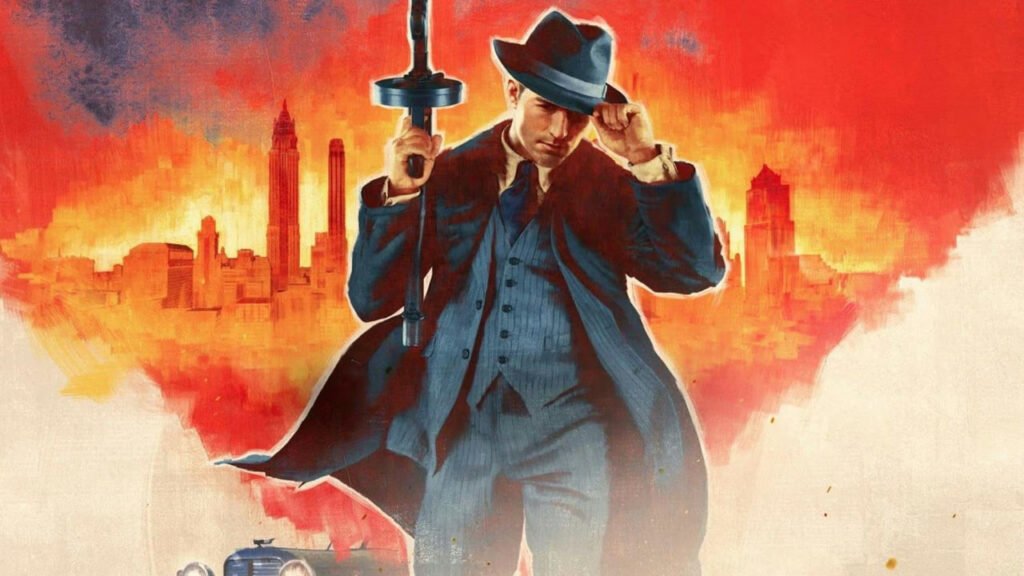 Mafia game gangster holds gun before red city skyline