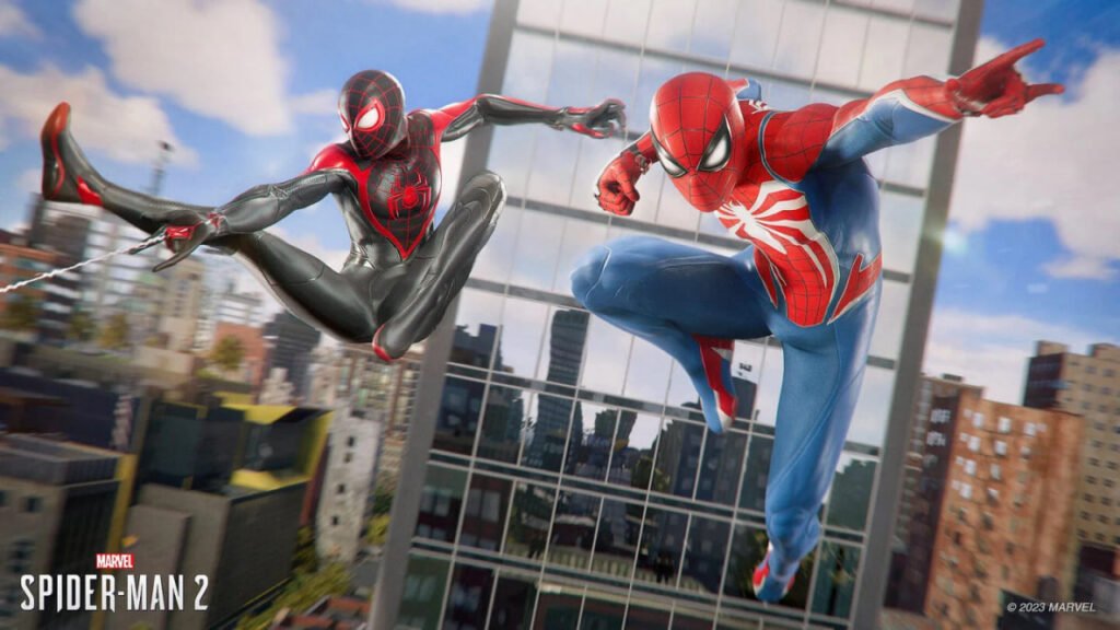 Spider-Man and Miles Morales swinging past city buildings
