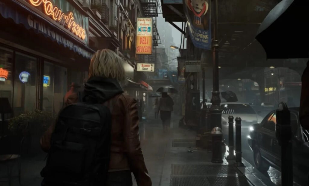 Person walking on rainy city street past storefronts