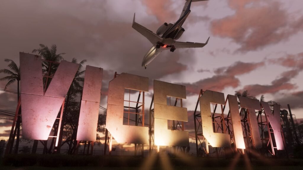 Airplane flying over Vice City sign at sunset