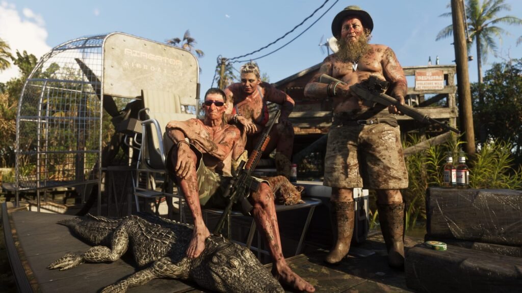 Armed people pose on airboat with alligator in swamp