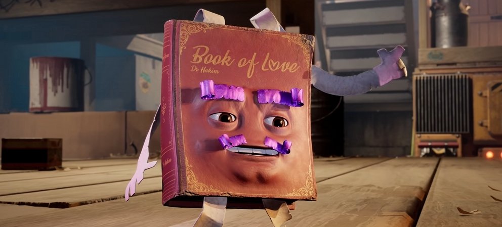 Book of Love character standing in workshop room