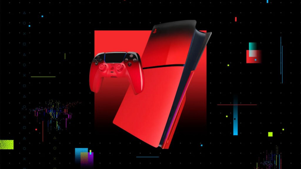 Red PlayStation 5 console and DualSense controller on black background