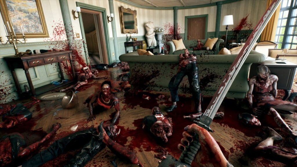 Bloodied sword held in gore-filled living room with zombies