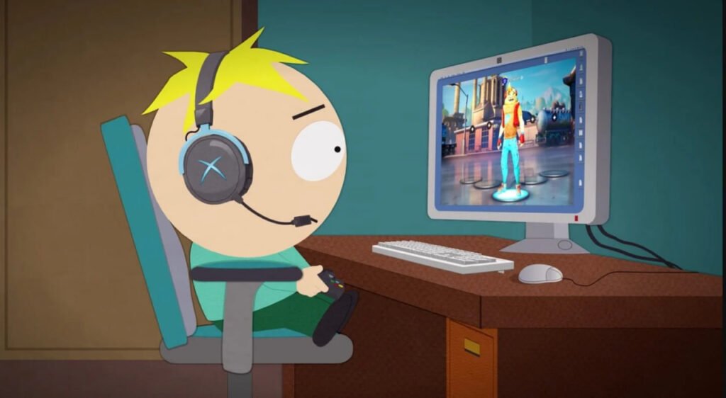 Butters Stotch from South Park playing Fortnite at desk