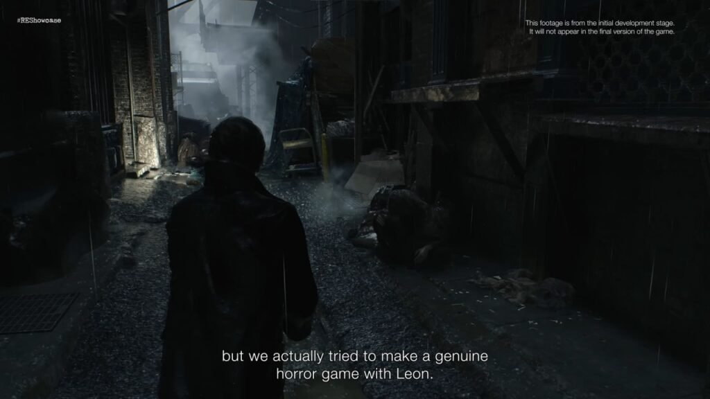 Man in black coat walking alleyway.