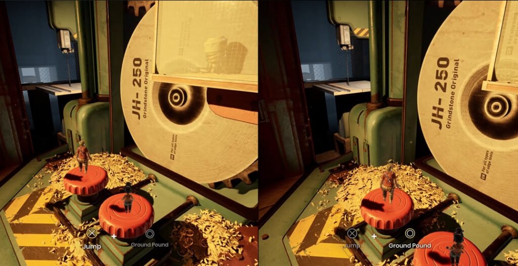 It Takes Two characters standing on red buttons in machine