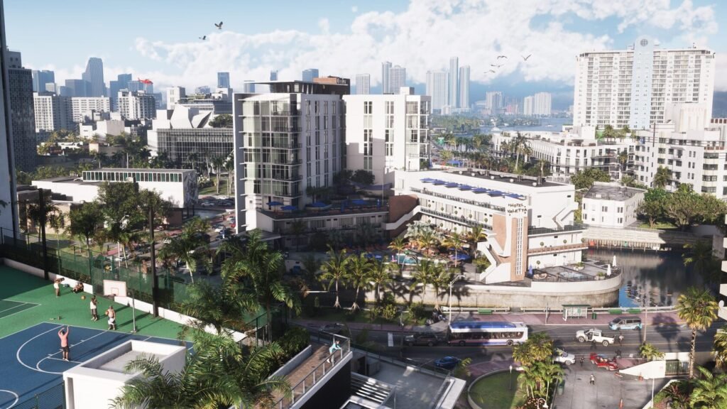 People playing basketball beside Hotel Valetta city skyline