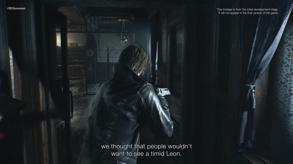 Leon aiming gun in dark hallway.