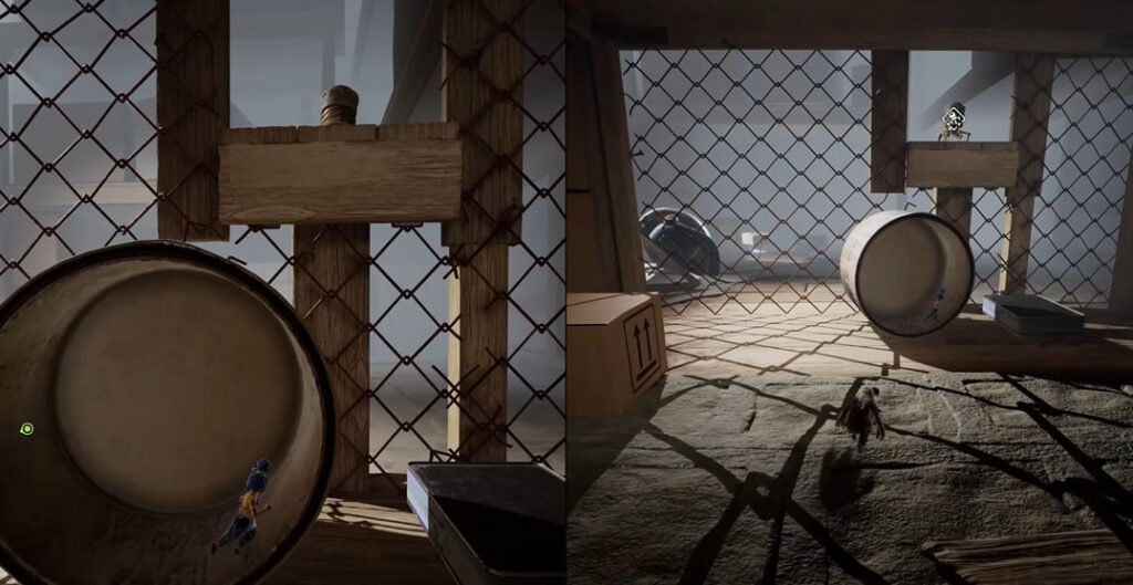 It Takes Two dolls running near large drum outdoors