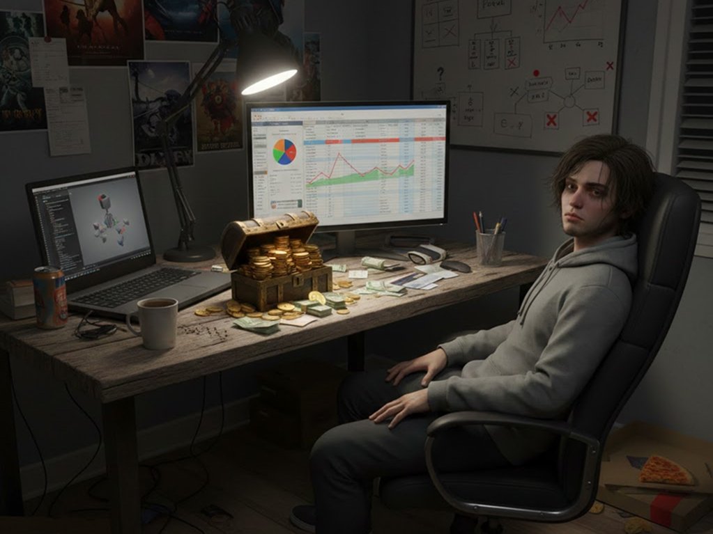 Young man sitting at desk with money and charts