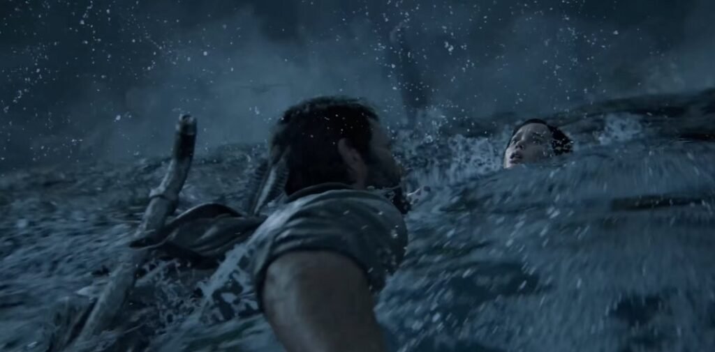 Man swims toward woman in rough water