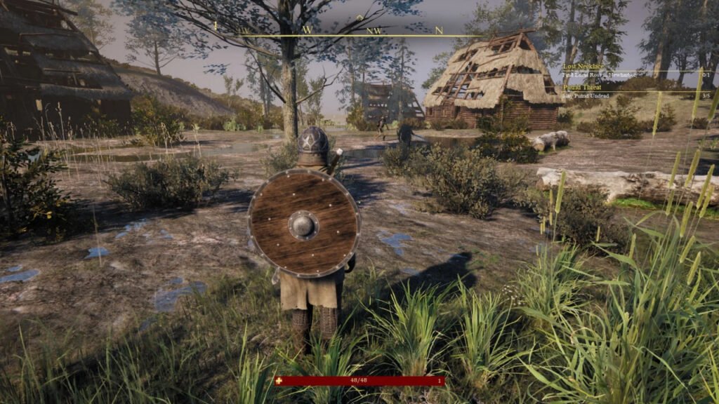 Armored warrior holds shield in medieval village game scene