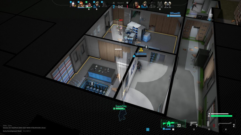 Top-down shooter gameplay with players in office rooms