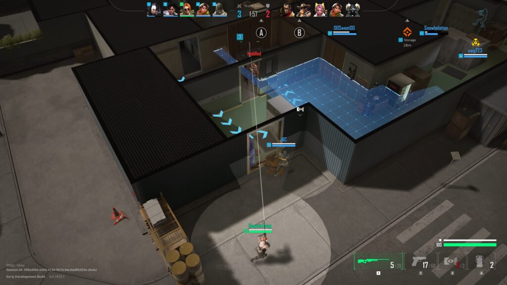 Player aiming rifle outside warehouse in tactical shooter