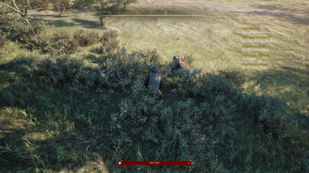 New World player crouches in bushes near enemy camp